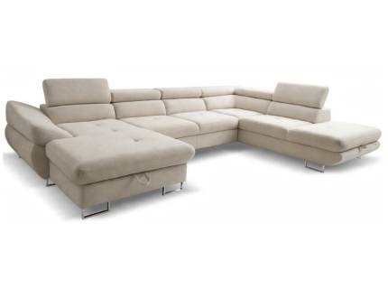 Coltar extensibil FABIO U cu lada pentru depozitare, tetiere reglabile, personalizabil 350x235x175cm