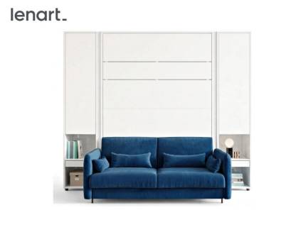 LENART BED CONCEPT set pat (160x200cm) rabatabil pe perete cu 2 dulapuri 261x45-228x218cm alb mat si canapea albastra 184x93cm 
