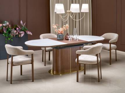 Masa extensibila GIBSON din MDF sinterizat lacuit cu efect de marmura alba, MDF furniruit nuc, otel vopsit negru/ auriu 160-220x90xH76cm 