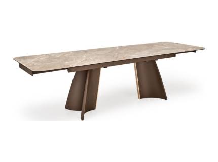Masa extensibila VESNA din sticla si ceramica cu efect de marmura bej, otel vopsit maro 180-260x90xH76cm