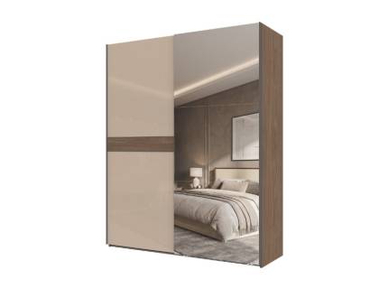 Dulap cu usi glisante LEFT 182x224x61cm Mokka HG lucios + Linkoln Walnut - oglinda, manere antracit