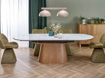 Masa extensibila SIRIUS din MDF sinterizat cu efect de marmura alb lucios, MDF + furnir natural 160-240x90xH77cm