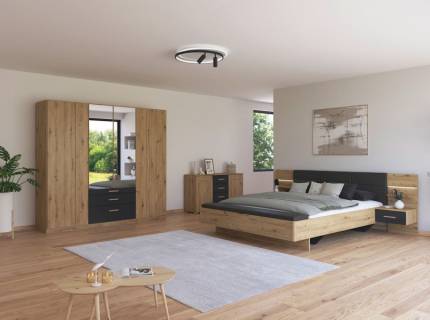 Dormitor L stejar Artisan/ gri metlic + oglinda MOSBACH 