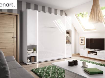 LENART PRO CONCEPT set pat (140x200cm) rabatabil pe perete cu 2 dulapuri 245x46-237x217cm alb alpin/ alb lucios