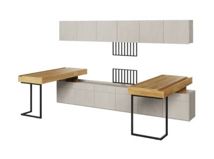 Set 2 birouri mari cu corpuri suspendate TEEN FLEX 06A 300x150x193cm cu 2 comode, suport pentru suspendat TV cu sistem de iluminare LED 